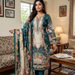 Deep Teal Ornamental Floral Printed Cotton 3-Piece