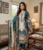 Deep Teal Ornamental Floral Printed Cotton 3-Piece