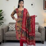 Maroon Floral Batik Cotton 3‑Piece