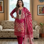 Cherry Red Ornate floral Printed Cotton 3‑Piece