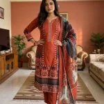Rusty Copper Paisley Printed Cotton 3‑Piece