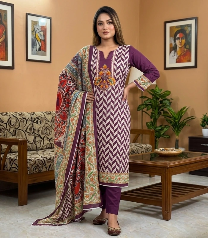 Frame 45 Purple Chevron & Floral Printed Cotton 3‑Piece - Image 1