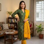 Leaf Green Circular Motif Printed Elegance Cotton 3‑Piece