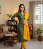 Leaf Green Circular Motif Printed Elegance Cotton 3‑Piece