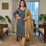 Slate Blue Circular Motif Printed Elegance Cotton 3‑Piece