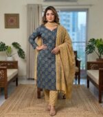 Slate Blue Circular Motif Printed Elegance Cotton 3‑Piece