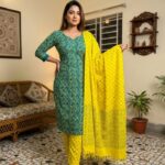 Teal Green Sunshine Blooms Printed Elegance Cotton 3‑Piece