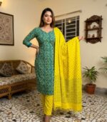 Teal Green Sunshine Blooms Printed Elegance Cotton 3‑Piece