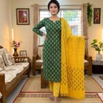 Emerald Green Golden Motif Printed Sunshine Cotton 3‑Piece