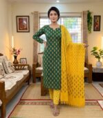 Emerald Green Golden Motif Printed Sunshine Cotton 3‑Piece