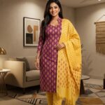 Rusty Copper Golden Motif Printed Sunshine Cotton 3‑Piece