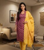 Rusty Copper Golden Motif Printed Sunshine Cotton 3‑Piece