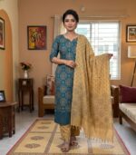 Deep Teal Circular Motif Printed Elegance Cotton 3‑Piece