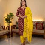 Deep Maroon Golden Printed Sunshine Cotton 3‑Piece