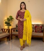 Deep Maroon Golden Printed Sunshine Cotton 3‑Piece