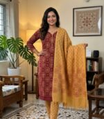 Rose Red Circular Motif Printed Elegance Cotton 3‑Piece