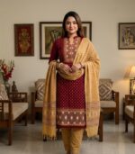 Deep Maroon Ethnic Printed Heritage Cotton 3‑Piece