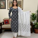 Black Circular Motif Printed Elegance Cotton 3‑Piece