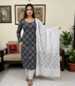 Black Circular Motif Printed Elegance Cotton 3‑Piece