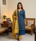 Deep Teal Vertical Motif Printed Elegance Cotton 3‑Piece