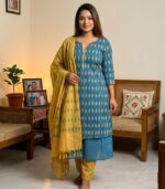 Peacock Teal Vertical Motif Printed Elegance Cotton 3‑Piece