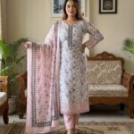 Soft Grey Floral Elegance Printed Cotton 3‑Piece