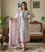 Soft Grey Floral Elegance Printed Cotton 3‑Piece
