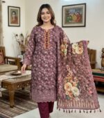 Deep Maroon Floral Elegance Printed Cotton 3‑Piece
