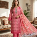 Hot Pink Floral Harmony Printed Cotton 3‑Piece