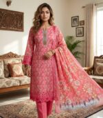 Hot Pink Floral Harmony Printed Cotton 3‑Piece